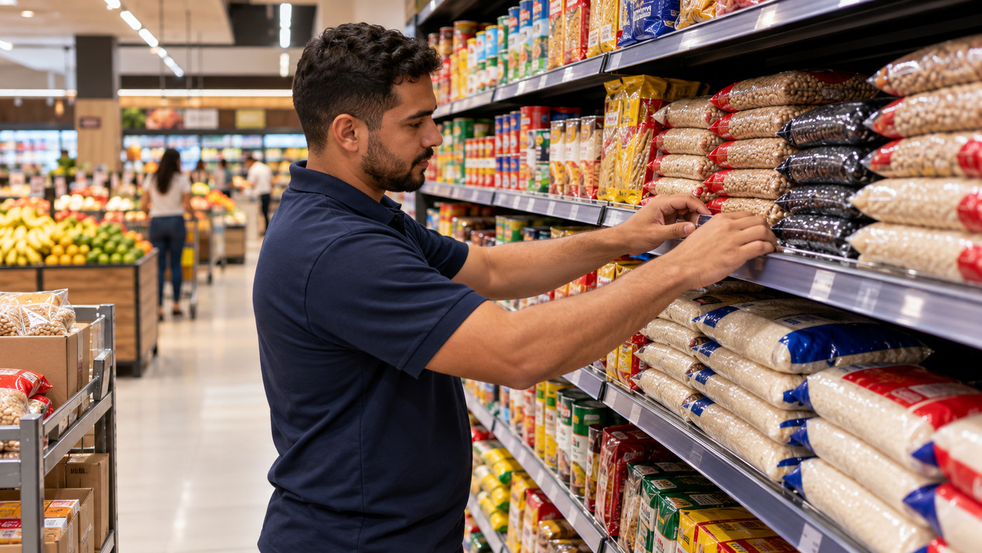 Profissional de merchandising organizando produtos na gôndola