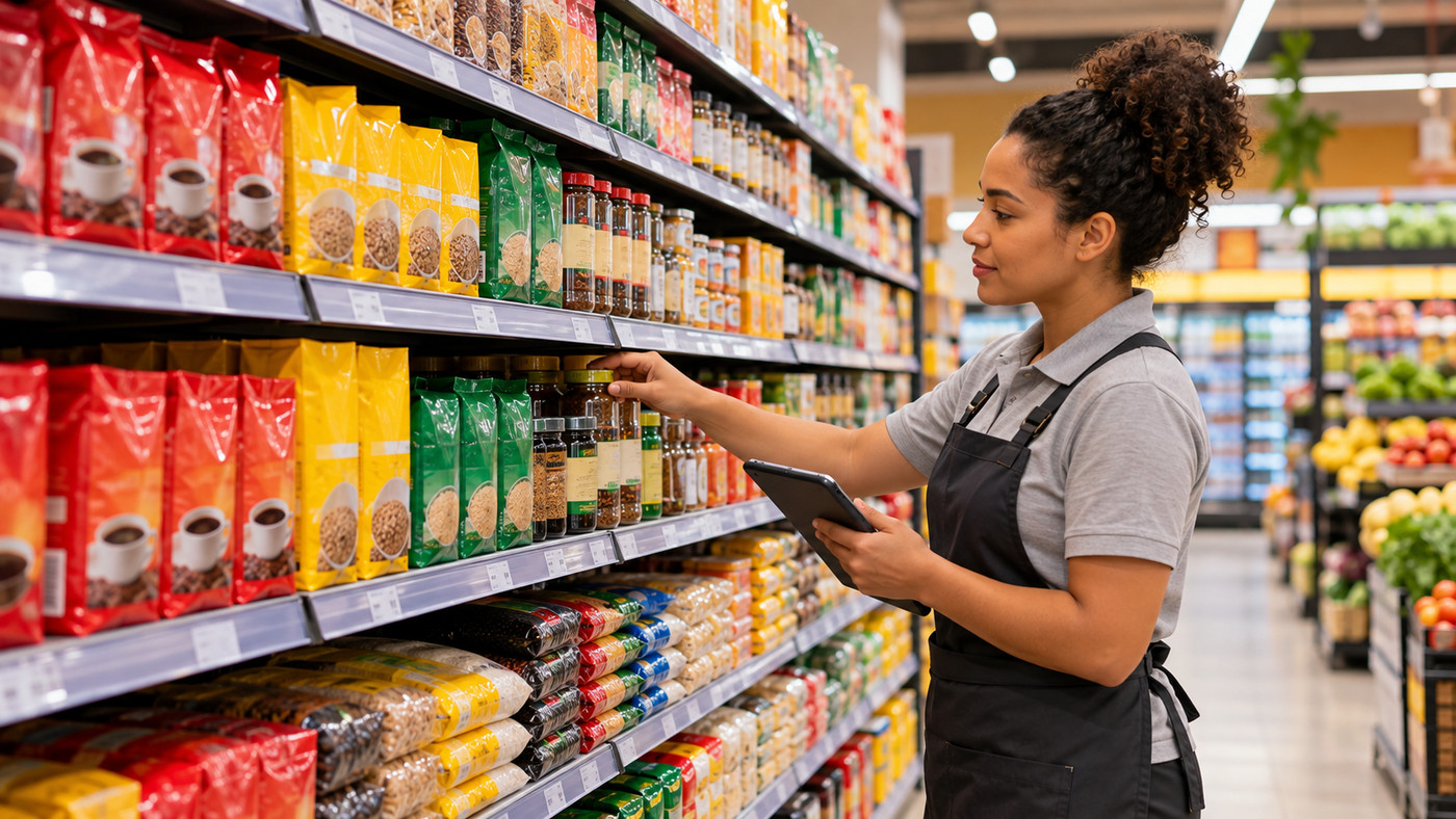 Gôndola de supermercado organizada para melhor exposição